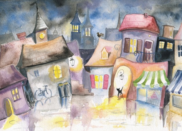 Small town at night - watercolor